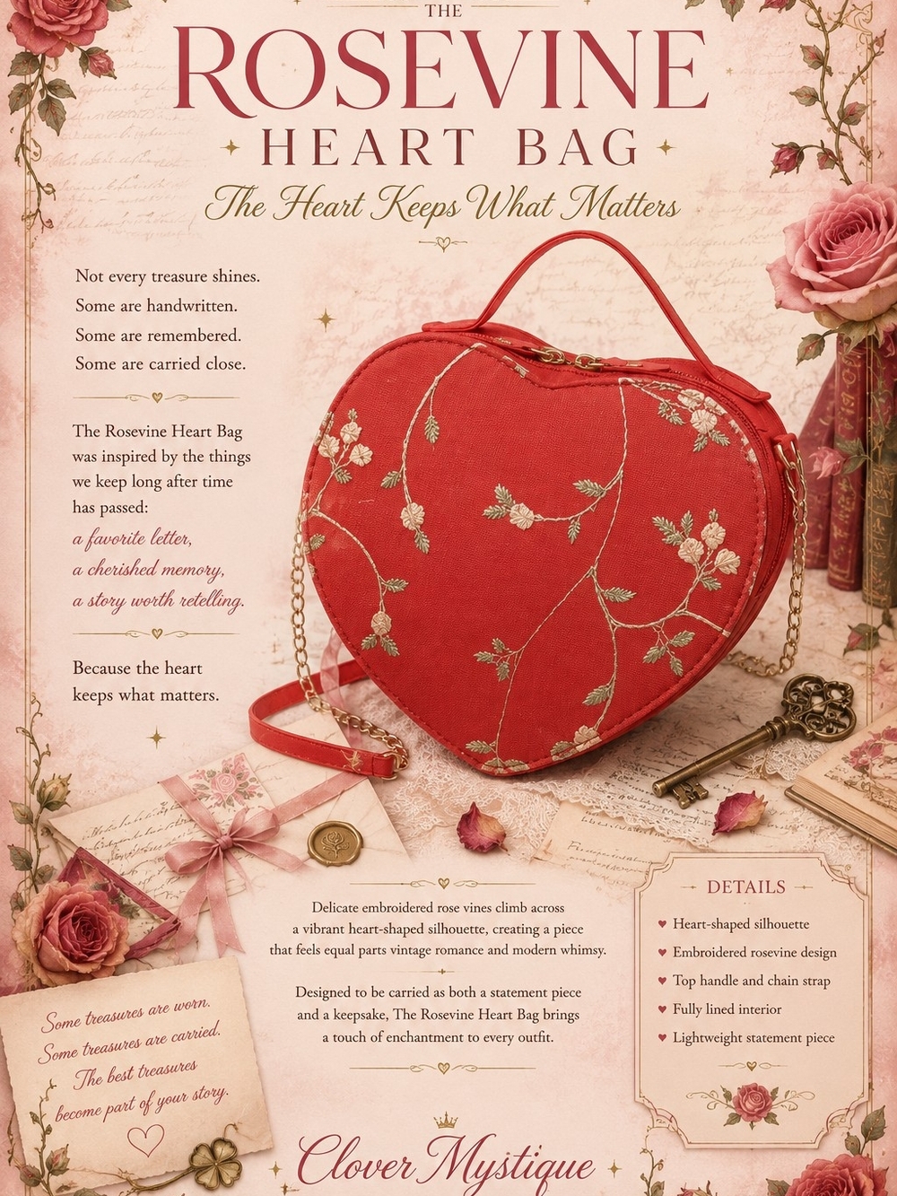 Rosevine Heart Bag — Red with Gold Embroidery